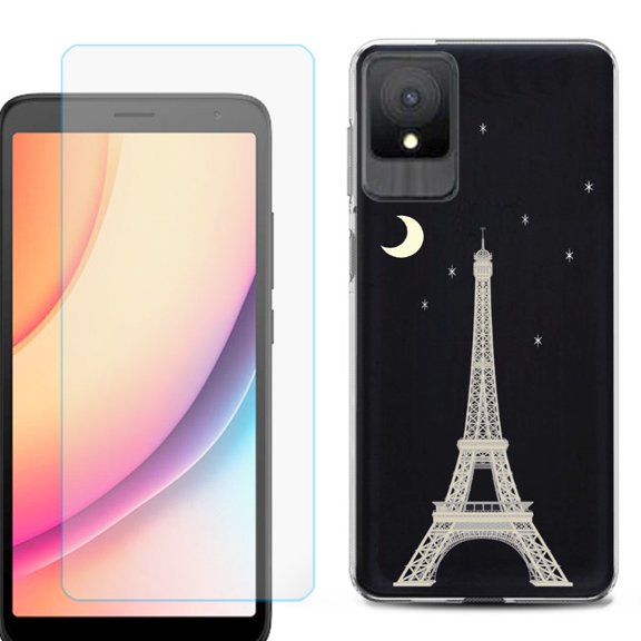 For TCL K11 Phone Case Cover, Shockproof Case with Tempered Glass Screen Protector, by OneToughShield - Eiffel Tower Moon
