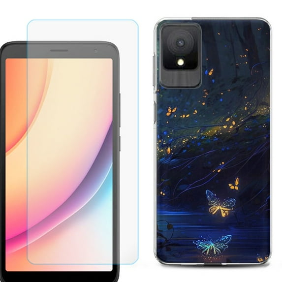 For TCL K11 Phone Case Cover, Shockproof Case with Tempered Glass Screen Protector, by OneToughShield - Fireflies Butterfly