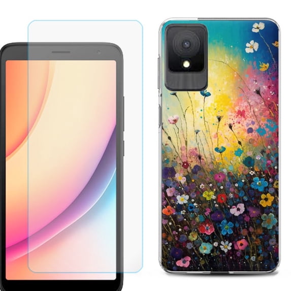 For TCL K11 Phone Case Cover, Shockproof Case with Tempered Glass Screen Protector, by OneToughShield - Flower Field