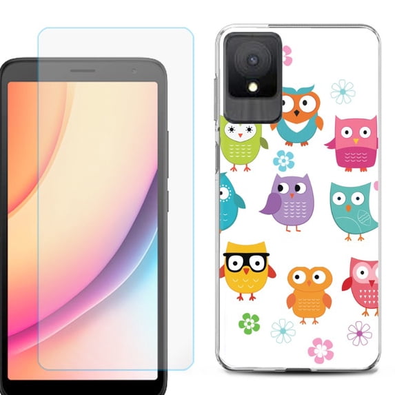 For TCL K11 Phone Case Cover, Shockproof Case with Tempered Glass Screen Protector, by OneToughShield - Happy Owl