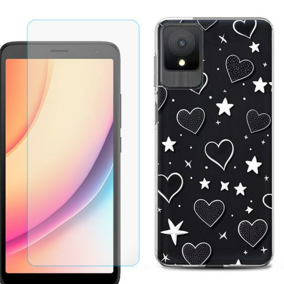 For TCL K11 Phone Case Cover, Shockproof Case with Tempered Glass Screen Protector, by OneToughShield - Hearts n Stars