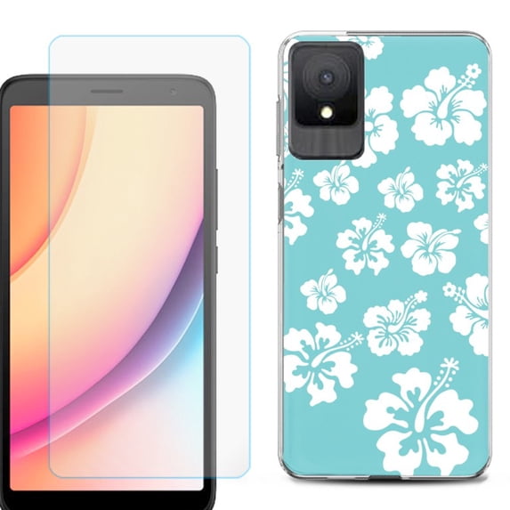 For TCL K11 Phone Case Cover, Shockproof Case with Tempered Glass Screen Protector, by OneToughShield - Hibiscus Teal