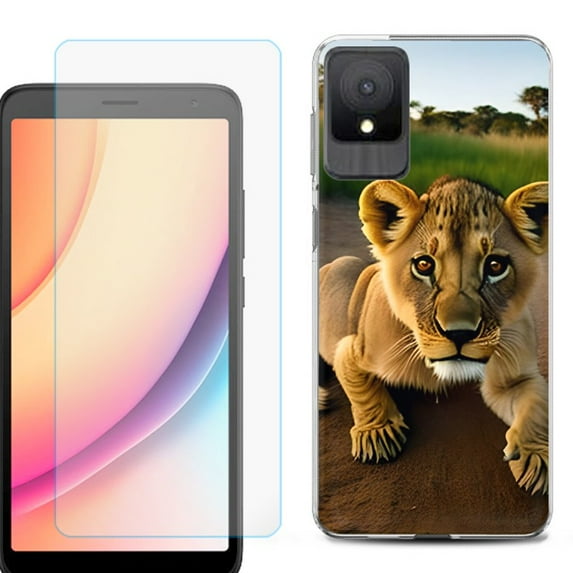For TCL K11 Phone Case Cover, Shockproof Case with Tempered Glass Screen Protector, by OneToughShield - Lion Cub