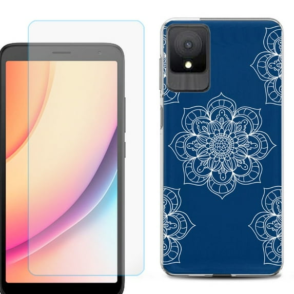 For TCL K11 Phone Case Cover, Shockproof Case with Tempered Glass Screen Protector, by OneToughShield - Mandala / Blue