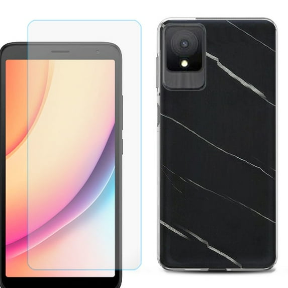 For TCL K11 Phone Case Cover, Shockproof Case with Tempered Glass Screen Protector, by OneToughShield - Marble / Black