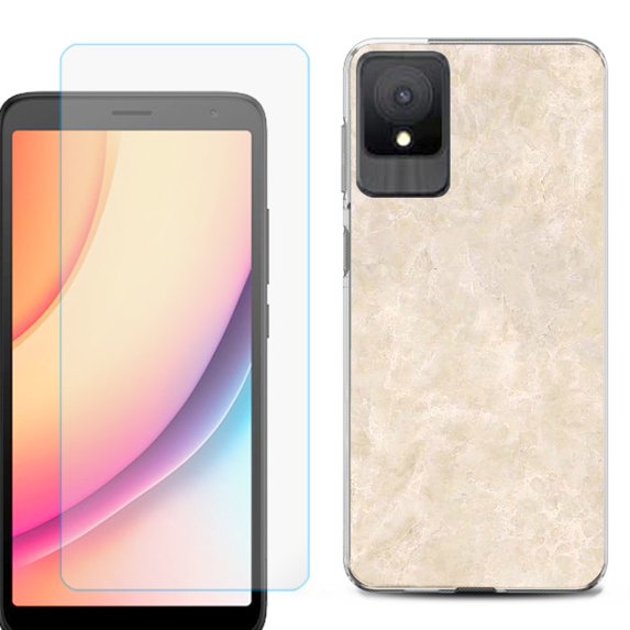 For TCL K11 Phone Case Cover, Shockproof Case with Tempered Glass Screen Protector, by OneToughShield - Marble / Latte