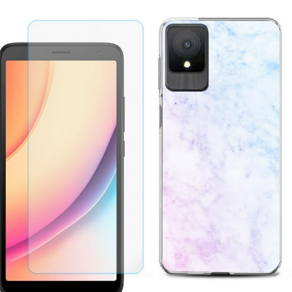 For TCL K11 Phone Case Cover, Shockproof Case with Tempered Glass Screen Protector, by OneToughShield - Marble Pink/Blue