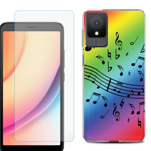 For TCL K11 Phone Case Cover, Shockproof Case with Tempered Glass Screen Protector, by OneToughShield - Music Notes / Rainbow