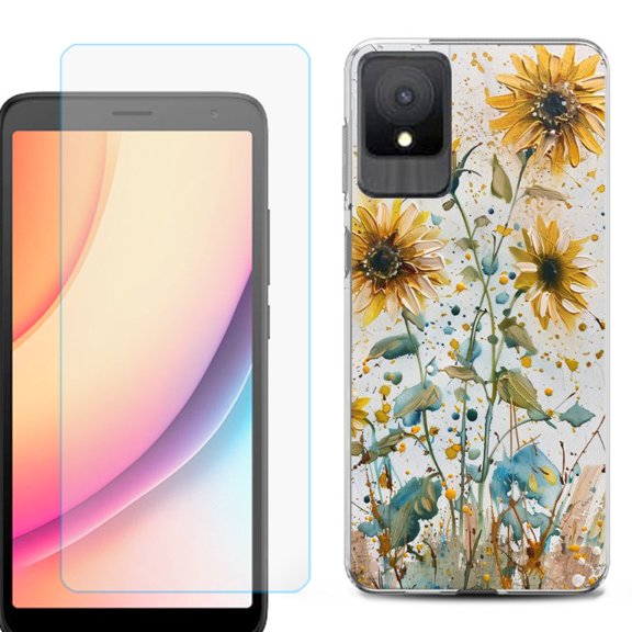 For TCL K11 Phone Case Cover, Shockproof Case with Tempered Glass Screen Protector, by OneToughShield - Pastel Sunflowers
