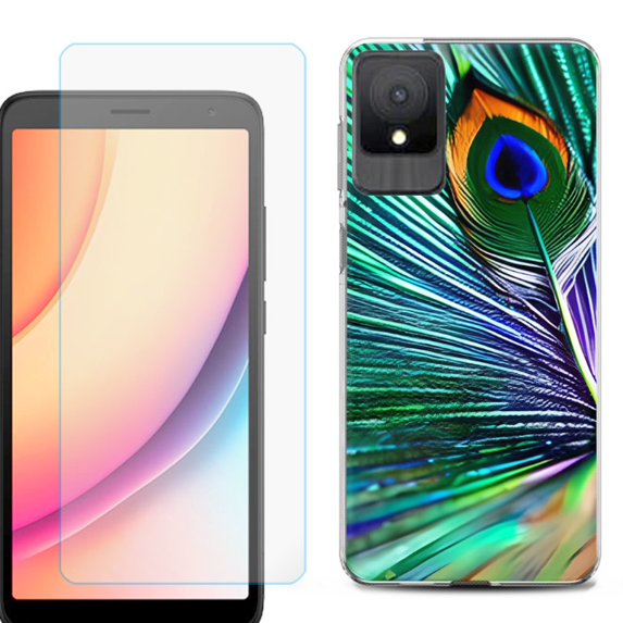 For TCL K11 Phone Case Cover, Shockproof Case with Tempered Glass Screen Protector, by OneToughShield - Peacock Feather