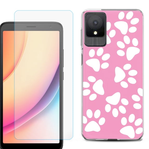 For TCL K11 Phone Case Cover, Shockproof Case with Tempered Glass Screen Protector, by OneToughShield - Pet Paw/ Pink