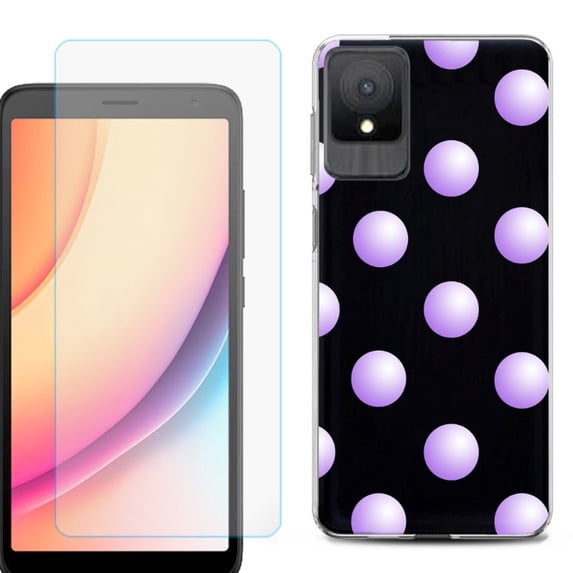 For TCL K11 Phone Case Cover, Shockproof Case with Tempered Glass Screen Protector, by OneToughShield - Polka Dot / Purple