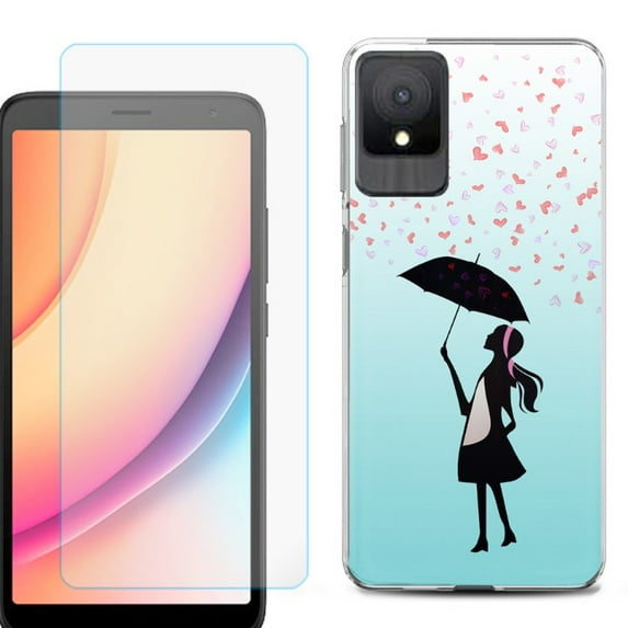For TCL K11 Phone Case Cover, Shockproof Case with Tempered Glass Screen Protector, by OneToughShield - Rain/Hearts