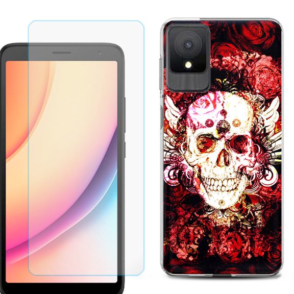 For TCL K11 Phone Case Cover, Shockproof Case with Tempered Glass Screen Protector, by OneToughShield - Rose Skull