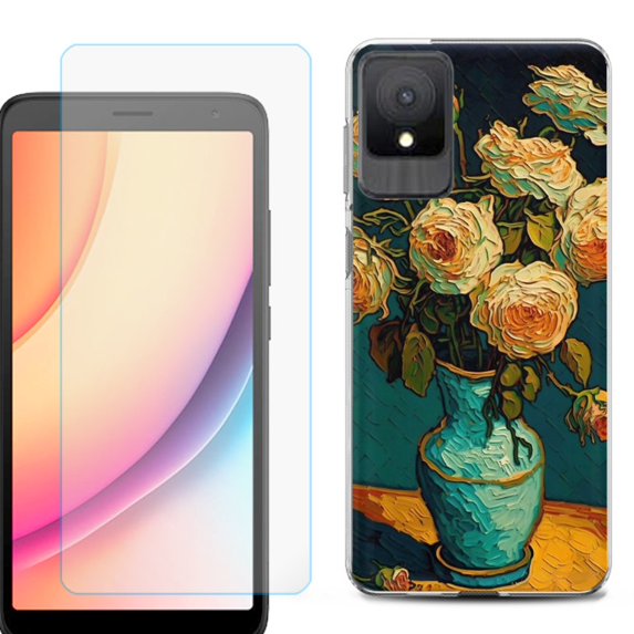 For TCL K11 Phone Case Cover, Shockproof Case with Tempered Glass Screen Protector, by OneToughShield - Roses in a vase