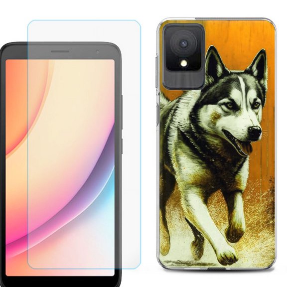 For TCL K11 Phone Case Cover, Shockproof Case with Tempered Glass Screen Protector, by OneToughShield - Running Husky
