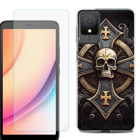 For TCL K11 Phone Case Cover, Shockproof Case with Tempered Glass Screen Protector, by OneToughShield - Skull Art