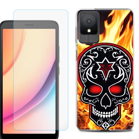 For TCL K11 Phone Case Cover, Shockproof Case with Tempered Glass Screen Protector, by OneToughShield - Skull Flames