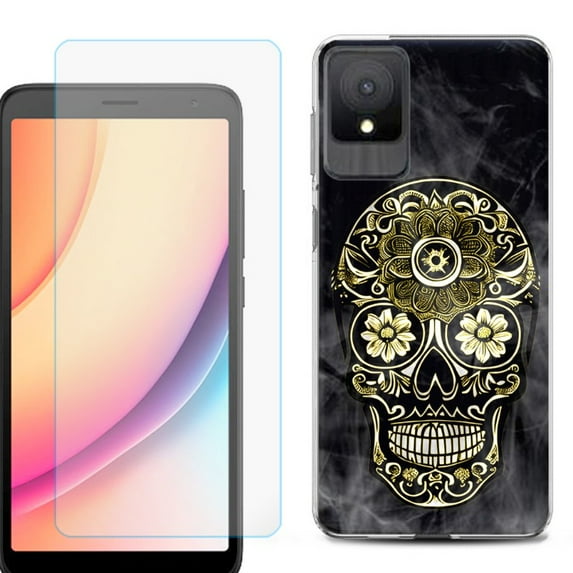 For TCL K11 Phone Case Cover, Shockproof Case with Tempered Glass Screen Protector, by OneToughShield - Skull Smoke