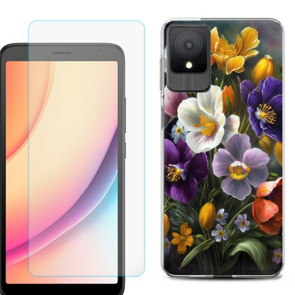 For TCL K11 Phone Case Cover, Shockproof Case with Tempered Glass Screen Protector, by OneToughShield - Spring Flower