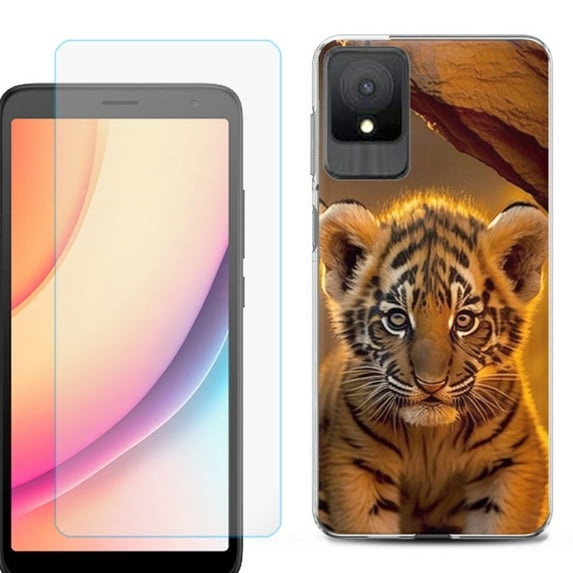 For TCL K11 Phone Case Cover, Shockproof Case with Tempered Glass Screen Protector, by OneToughShield - Tiger Cub