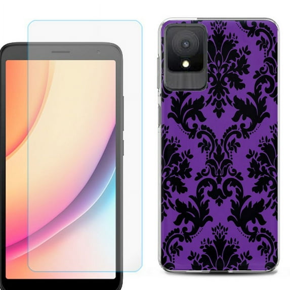For TCL K11 Phone Case Cover, Shockproof Case with Tempered Glass Screen Protector, by OneToughShield - Victorian Purple/Black