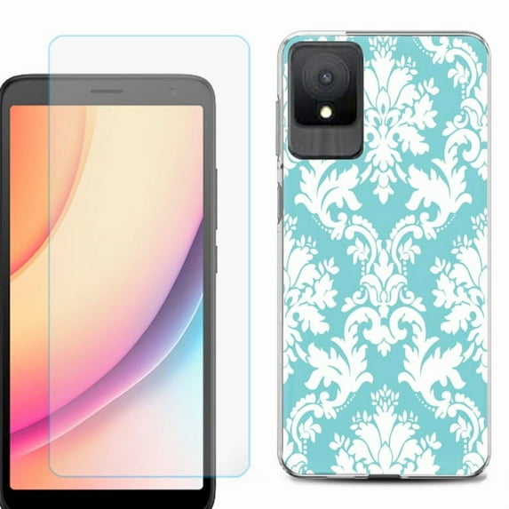 For TCL K11 Phone Case Cover, Shockproof Case with Tempered Glass Screen Protector, by OneToughShield - Victorian White/Teal