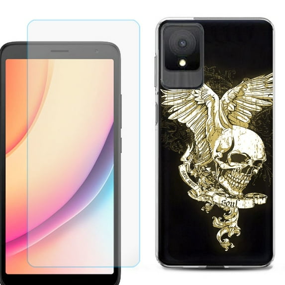 For TCL K11 Phone Case Cover, Shockproof Case with Tempered Glass Screen Protector, by OneToughShield - Wing Skull