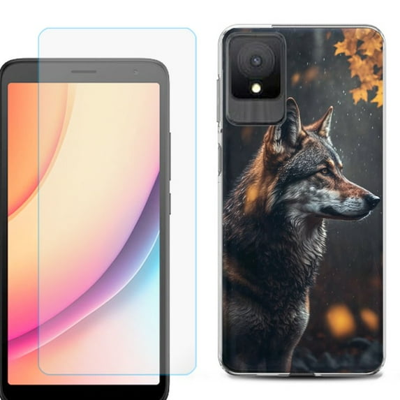 For TCL K11 Phone Case Cover, Shockproof Case with Tempered Glass Screen Protector, by OneToughShield - Wolf Autumn