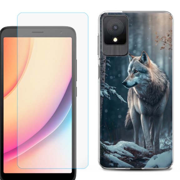 For TCL K11 Phone Case Cover, Shockproof Case with Tempered Glass Screen Protector, by OneToughShield - Wolf Winter