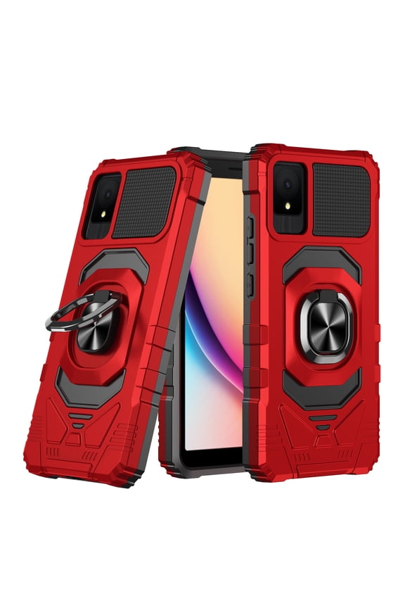 For TCL K11 (T432W) Phone Case Built-In Kickstand Screen Protector Magnetic Car Mount Ring Holder Phone Cover Red