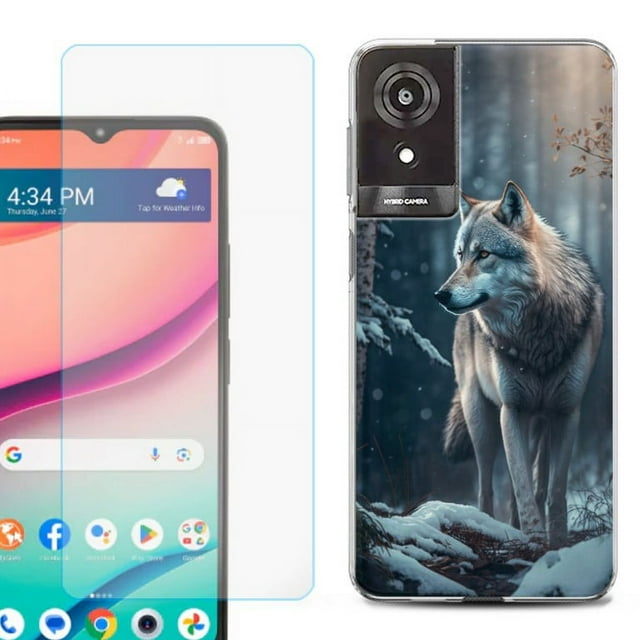 For TCL K24 Phone Case Cover, Shockproof Case with Tempered Glass Screen Protector, by OneToughShield - Wolf Winter