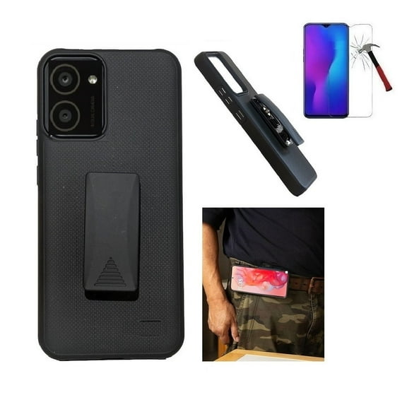 For TCL K32 5G Case, Black Shockproof 360-Degree Rotating Belt Clip Kickstand Case Cover  with Tempered Glass