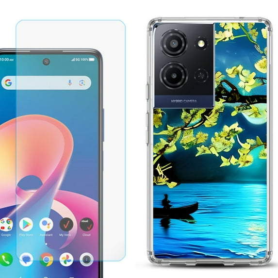 For TCL K32 5G Protective Shockproof Phone Case with Tempered Glass Screen Protector, by OneToughShield - Almond Blossom Night