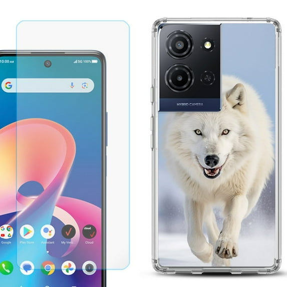 For TCL K32 5G Protective Shockproof Phone Case with Tempered Glass Screen Protector, by OneToughShield - Arctic Wolf