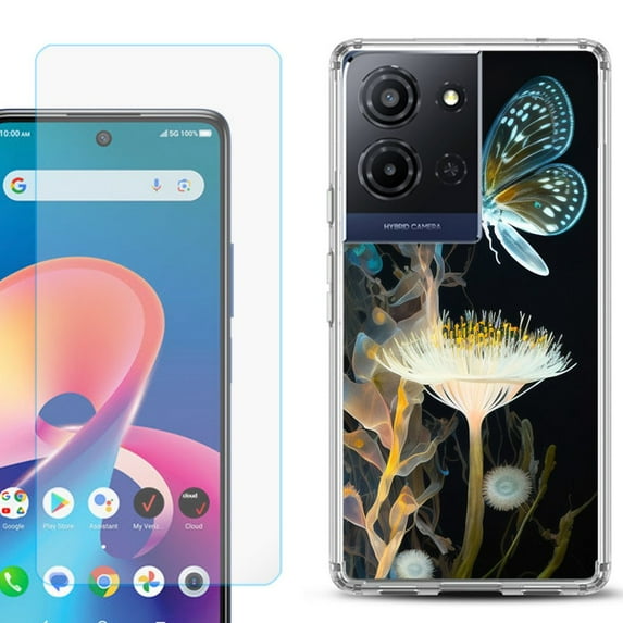 For TCL K32 5G Protective Shockproof Phone Case with Tempered Glass Screen Protector, by OneToughShield - Butterfly Translucent