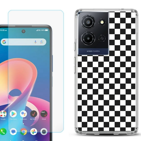 For TCL K32 5G Protective Shockproof Phone Case with Tempered Glass Screen Protector, by OneToughShield - Checker B/W