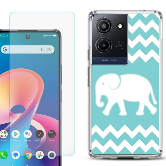 For TCL K32 5G Protective Shockproof Phone Case with Tempered Glass Screen Protector, by OneToughShield - Chevron/Elephant