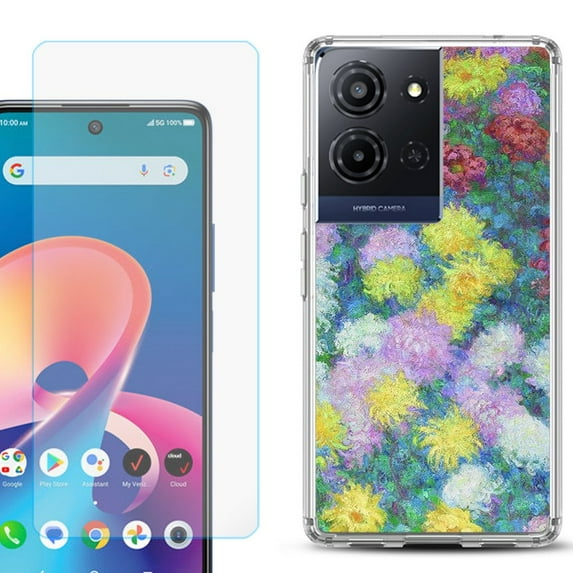 For TCL K32 5G Protective Shockproof Phone Case with Tempered Glass Screen Protector, by OneToughShield - Chrysanthemums