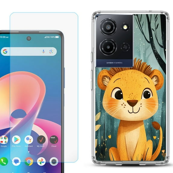 For TCL K32 5G Protective Shockproof Phone Case with Tempered Glass Screen Protector, by OneToughShield - Curious Lion Cub