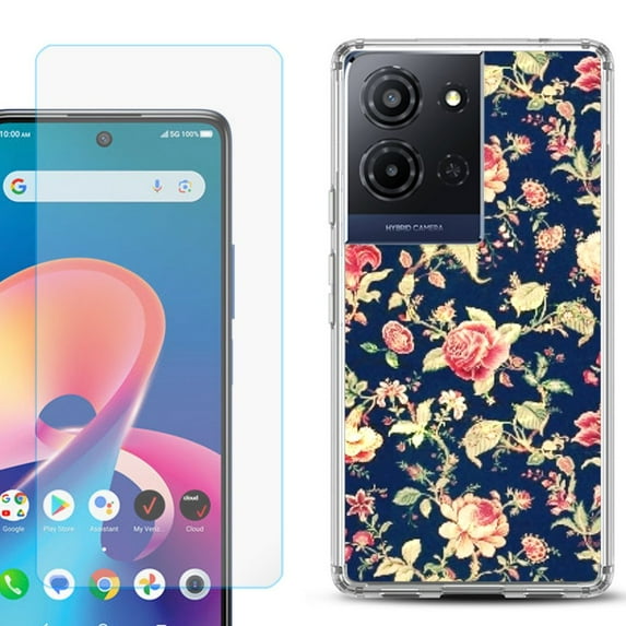 For TCL K32 5G Protective Shockproof Phone Case with Tempered Glass Screen Protector, by OneToughShield - Floral Garden
