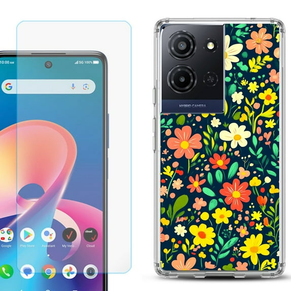 For TCL K32 5G Protective Shockproof Phone Case with Tempered Glass Screen Protector, by OneToughShield - Flower Symphony