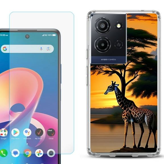 For TCL K32 5G Protective Shockproof Phone Case with Tempered Glass Screen Protector, by OneToughShield - Giraffe Sunset