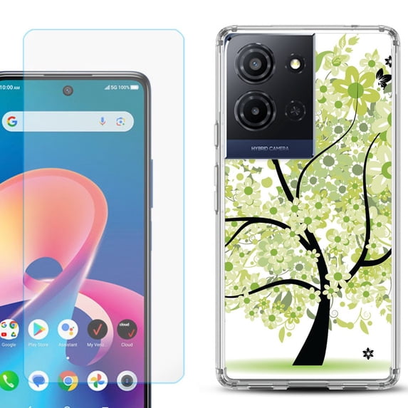 For TCL K32 5G Protective Shockproof Phone Case with Tempered Glass Screen Protector, by OneToughShield - Green Tree