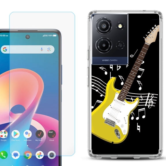 For TCL K32 5G Protective Shockproof Phone Case with Tempered Glass Screen Protector, by OneToughShield - Guitar Yellow