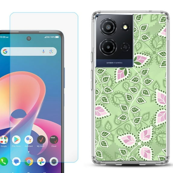 For TCL K32 5G Protective Shockproof Phone Case with Tempered Glass Screen Protector, by OneToughShield - Leaf Pink Green