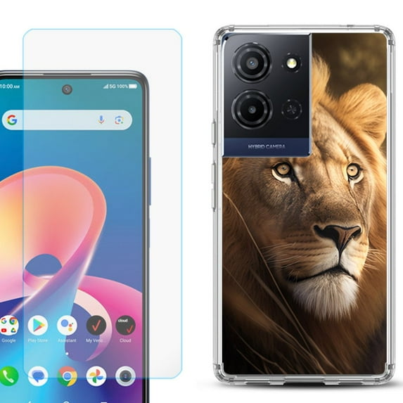 For TCL K32 5G Protective Shockproof Phone Case with Tempered Glass Screen Protector, by OneToughShield - Lion