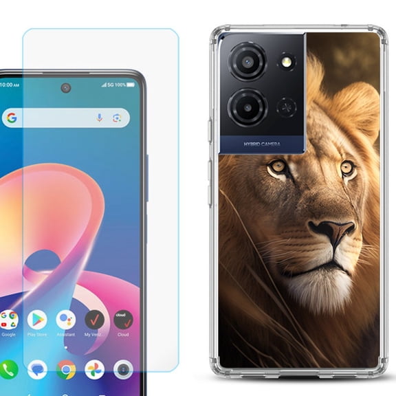 For TCL K32 5G Protective Shockproof Phone Case with Tempered Glass Screen Protector, by OneToughShield - Lion