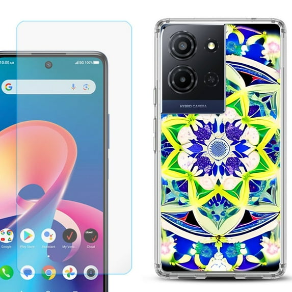 For TCL K32 5G Protective Shockproof Phone Case with Tempered Glass Screen Protector, by OneToughShield - Mandalas Color