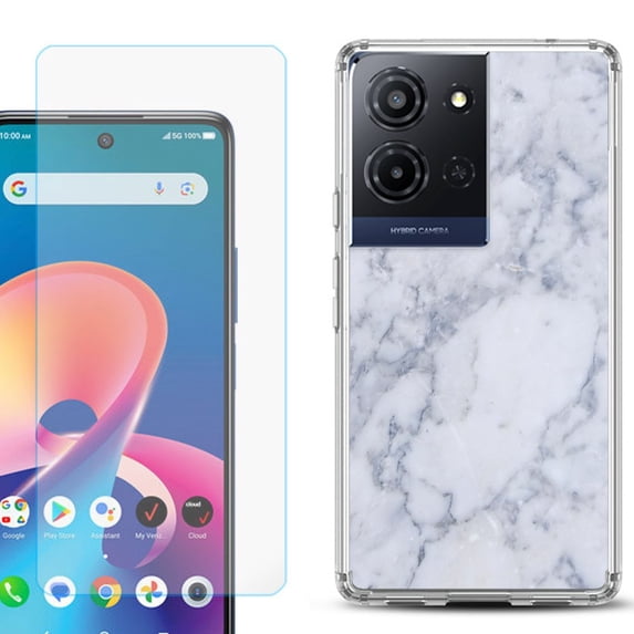 For TCL K32 5G Protective Shockproof Phone Case with Tempered Glass Screen Protector, by OneToughShield - Marble / Clouds